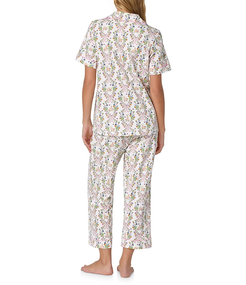 Bedhead Bunny Blooms Print Organic Cotton Blend Short Sleeve Notch Collar Cotton Knit Cropped Pajama Set