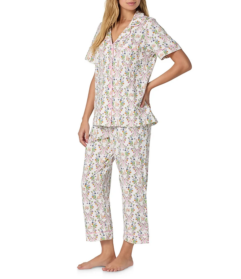 Bedhead Bunny Blooms Print Organic Cotton Blend Short Sleeve Notch Collar Cotton Knit Cropped Pajama Set