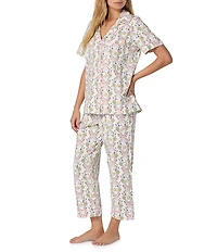 Bedhead Bunny Blooms Print Organic Cotton Blend Short Sleeve Notch Collar Cotton Knit Cropped Pajama Set