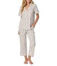 Bedhead Bunny Blooms Print Organic Cotton Blend Short Sleeve Notch Collar Cotton Knit Cropped Pajama Set