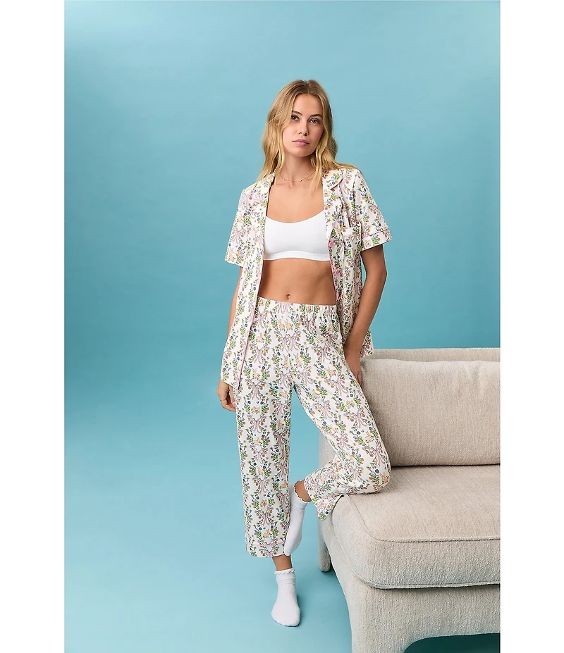 Bedhead Bunny Blooms Print Organic Cotton Blend Short Sleeve Notch Collar Cotton Knit Cropped Pajama Set