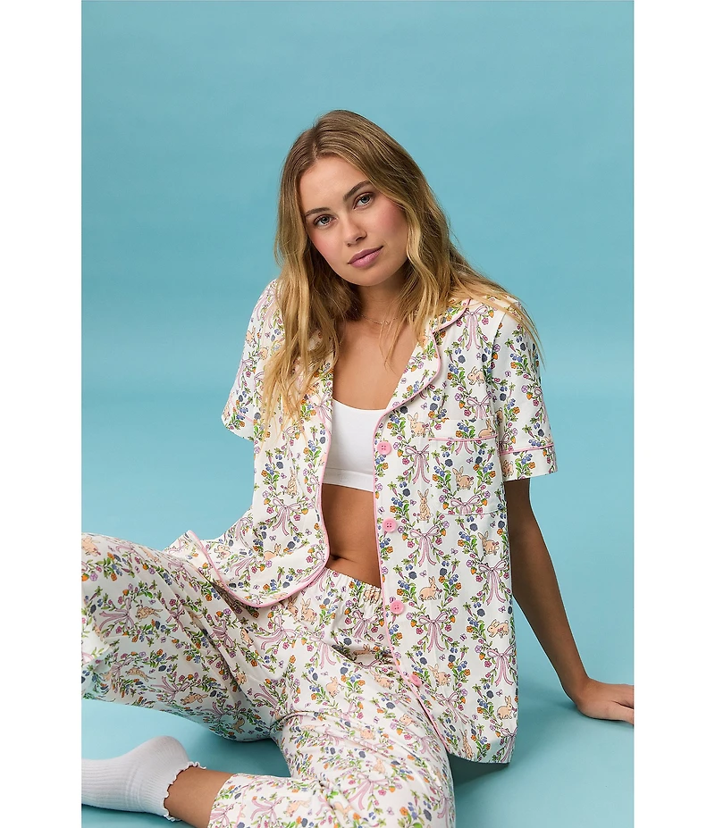 Bedhead Bunny Blooms Print Organic Cotton Blend Short Sleeve Notch Collar Cotton Knit Cropped Pajama Set