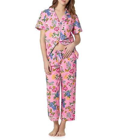 BedHead Butterfly Garden Print Short Sleeve Notch Collar Woven Cotton Poplin Cropped Pajama Set