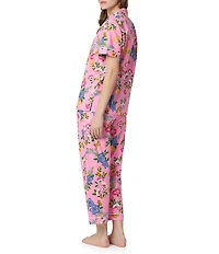 BedHead Butterfly Garden Print Short Sleeve Notch Collar Woven Cotton Poplin Cropped Pajama Set