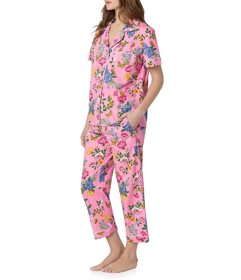 BedHead Butterfly Garden Print Short Sleeve Notch Collar Woven Cotton Poplin Cropped Pajama Set