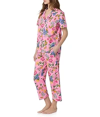 BedHead Butterfly Garden Print Short Sleeve Notch Collar Woven Cotton Poplin Cropped Pajama Set