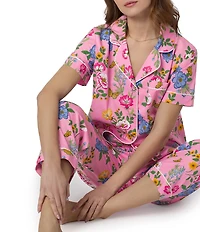 BedHead Butterfly Garden Print Short Sleeve Notch Collar Woven Cotton Poplin Cropped Pajama Set