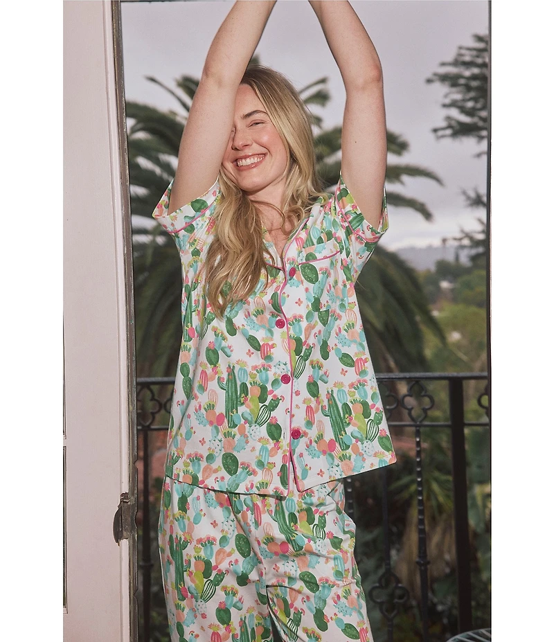 BedHead Cactus Garden Western Print Short Sleeve Notch Collar Organic Cotton Knit Cropped Pajama Set
