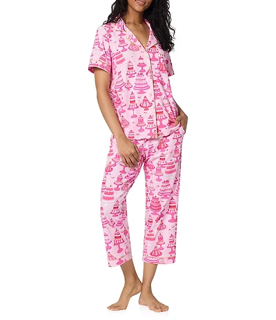 BedHead Cake Shop Print Short Sleeve Notch Collar Jersey Knit Organic Cotton Cropped Pajama Set