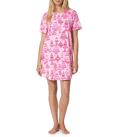BedHead Cake Shop Print Short Sleeve Round Neck Jersey Knit Organic Cotton Short Sleepshirt