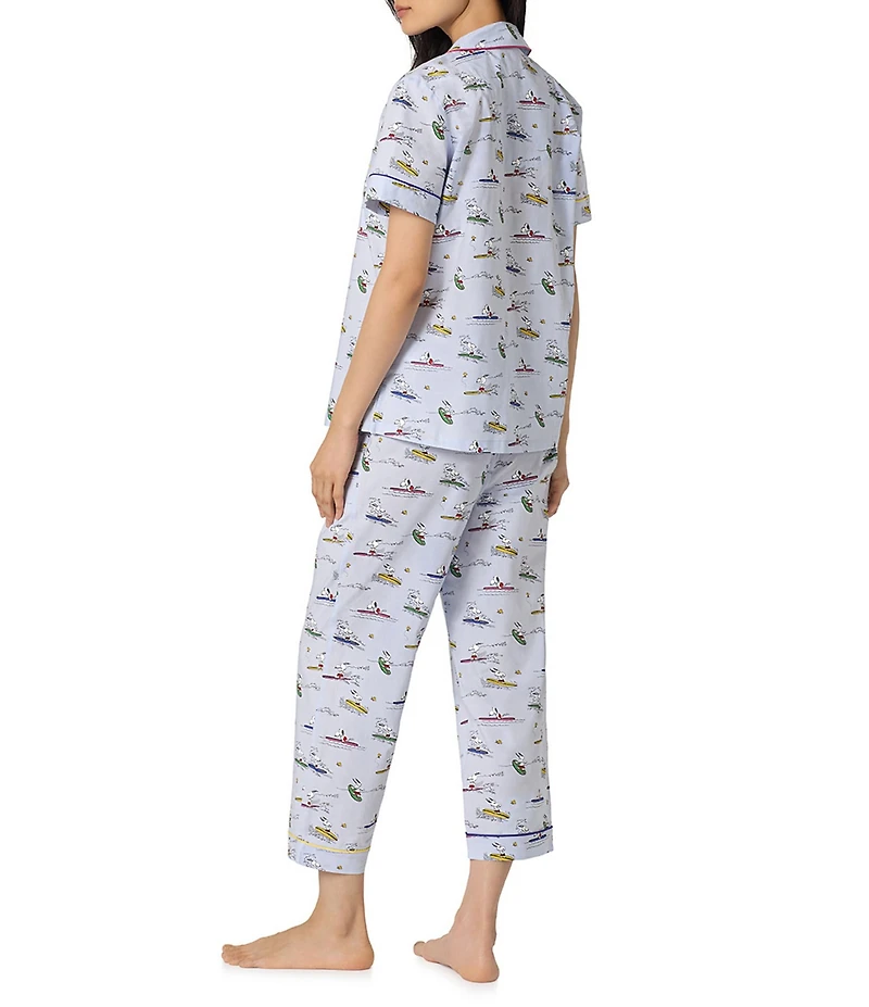 BedHead Catch A Wave Snoopy Print Short Sleeve Notch Collar Classic Woven Cotton Poplin Cropped Pajama Set