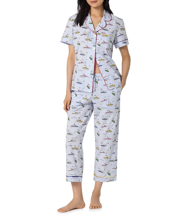 BedHead Catch A Wave Snoopy Print Short Sleeve Notch Collar Classic Woven Cotton Poplin Cropped Pajama Set