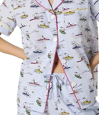 BedHead Catch A Wave Snoopy Print Short Sleeve Notch Collar Classic Woven Cotton Poplin Cropped Pajama Set