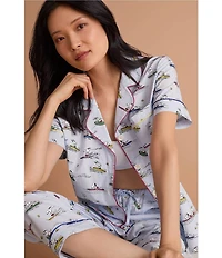 BedHead Catch A Wave Snoopy Print Short Sleeve Notch Collar Classic Woven Cotton Poplin Cropped Pajama Set
