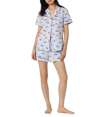 BedHead Catch A Wave Snoopy Print Short Sleeve Notch Collar Classic Woven Organic Cotton Poplin Shorty Pajama Set