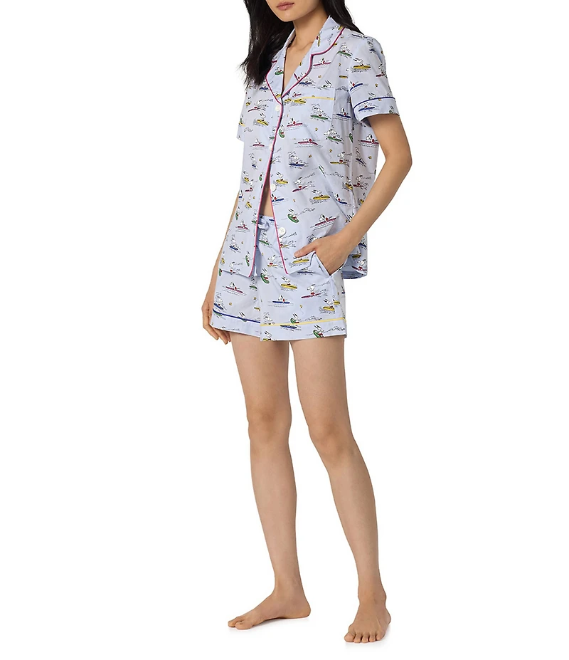 BedHead Catch A Wave Snoopy Print Short Sleeve Notch Collar Classic Woven Organic Cotton Poplin Shorty Pajama Set