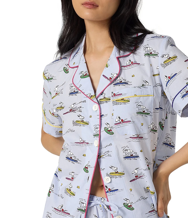 BedHead Catch A Wave Snoopy Print Short Sleeve Notch Collar Classic Woven Organic Cotton Poplin Shorty Pajama Set