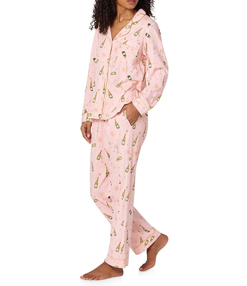 BedHead Champagne Print Long Sleeve Notch Collar Knit Long Pajama Set