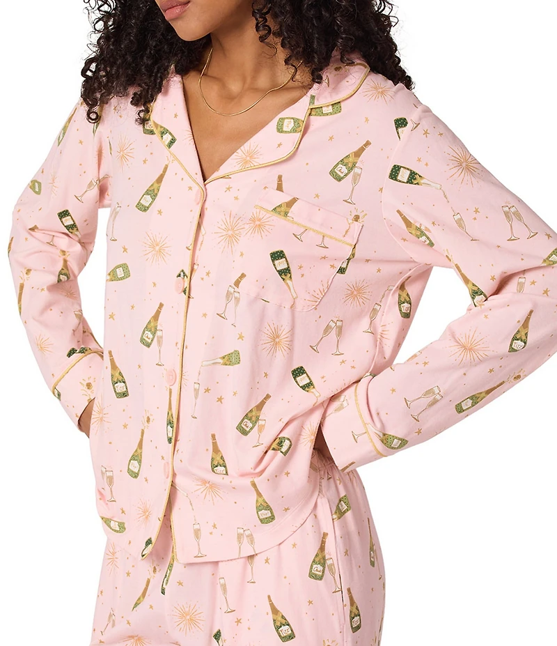 BedHead Champagne Print Long Sleeve Notch Collar Knit Long Pajama Set