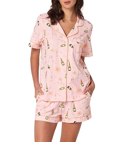 BedHead Champagne Print Organic Cotton Blend Short Sleeve Notch Collar Knit Shorty Pajama Set