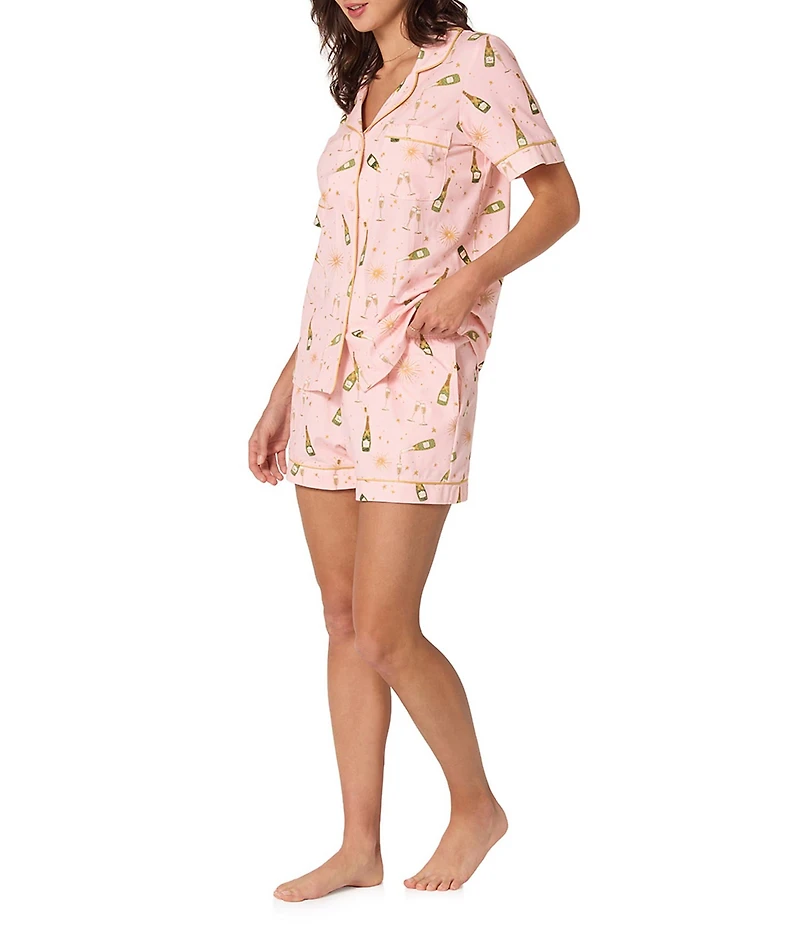 BedHead Champagne Print Organic Cotton Blend Short Sleeve Notch Collar Knit Shorty Pajama Set