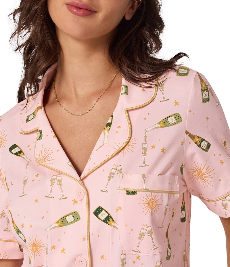 BedHead Champagne Print Organic Cotton Blend Short Sleeve Notch Collar Knit Shorty Pajama Set