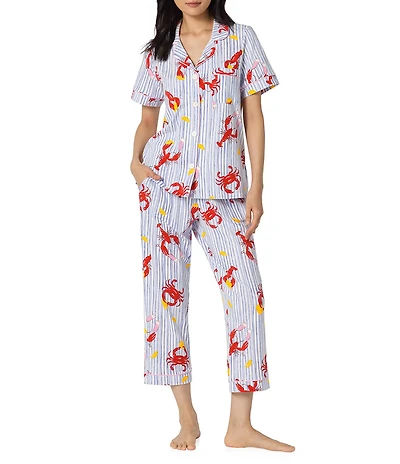 BedHead Coastal Feast Print Short Sleeve Notch Collar Classic Stretch Jersey Knit Cropped Pajama Set