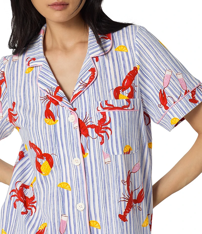 BedHead Coastal Feast Print Short Sleeve Notch Collar Classic Stretch Jersey Knit Cropped Pajama Set