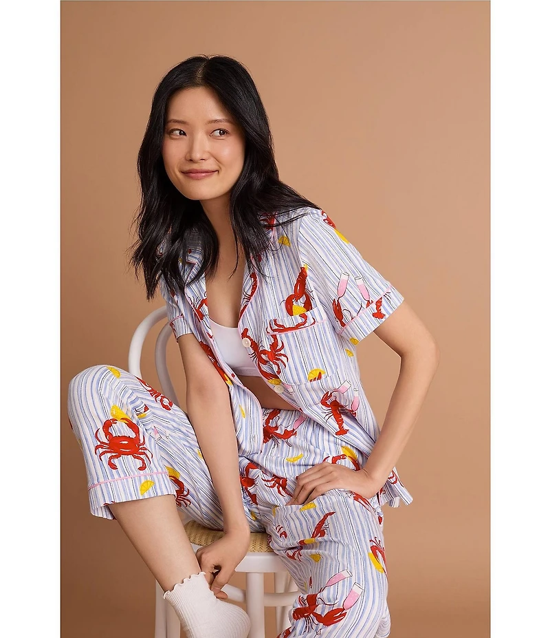 BedHead Coastal Feast Print Short Sleeve Notch Collar Classic Stretch Jersey Knit Cropped Pajama Set