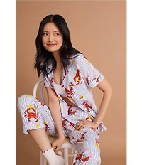 BedHead Coastal Feast Print Short Sleeve Notch Collar Classic Stretch Jersey Knit Cropped Pajama Set