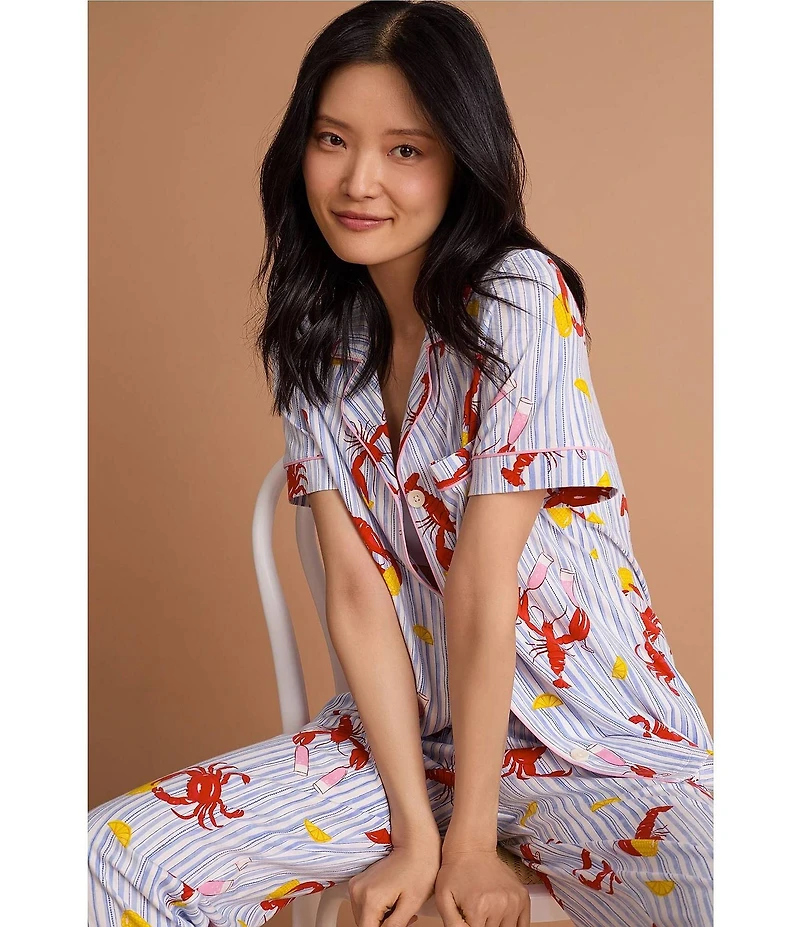 BedHead Coastal Feast Print Short Sleeve Notch Collar Classic Stretch Jersey Knit Cropped Pajama Set