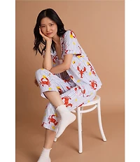 BedHead Coastal Feast Print Short Sleeve Notch Collar Classic Stretch Jersey Knit Cropped Pajama Set