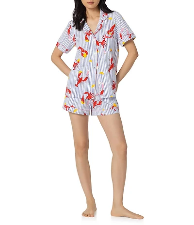 BedHead Coastal Feast Print Short Sleeve Notch Collar Classic Stretch Jersey Knit Organic Cotton Shorty Pajama Set