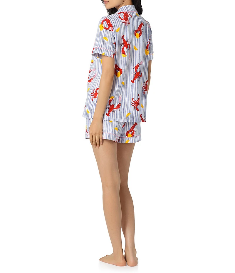 BedHead Coastal Feast Print Short Sleeve Notch Collar Classic Stretch Jersey Knit Organic Cotton Shorty Pajama Set
