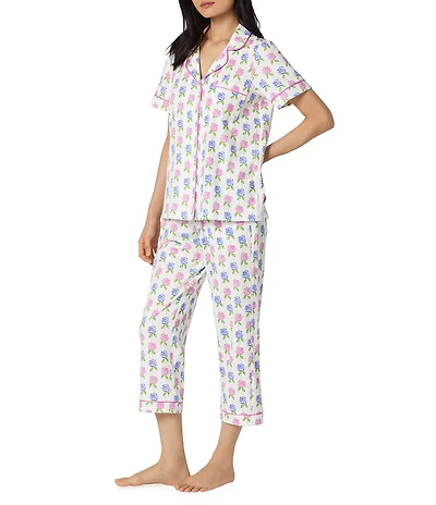 BedHead Cottage Parlor Print Short Sleeve Notch Collar Classic Stretch Jersey Knit Cropped Pajama Set