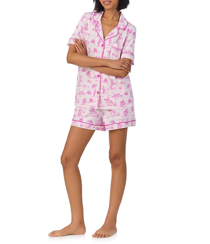 BedHead Cowgirl Toile Print Organic Cotton Blend Short Sleeve Notch Collar Knit Shorty Pajama Set
