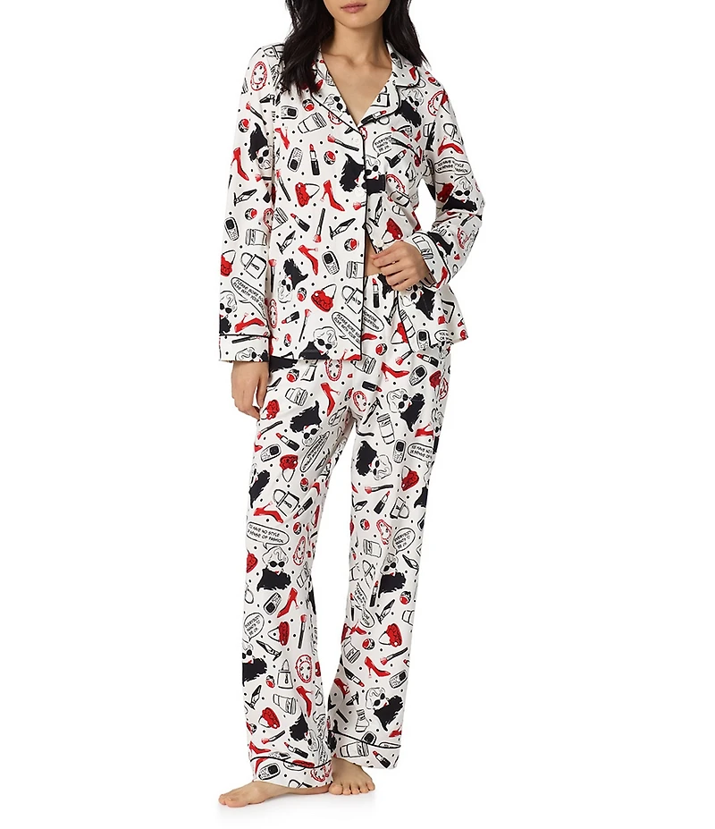 BedHead Devil Wears Prada 2 Print Long Sleeve Notch Collar Classic Organic Cotton Stretch Jersey Knit Long Pajama Set