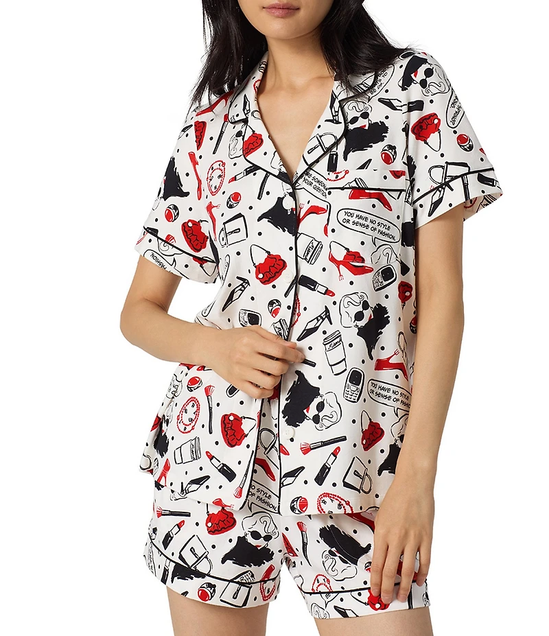 BedHead Devil Wears Prada 2 Print Short Sleeve Notch Collar Classic Organic Cotton Stretch Jersey Knit Shortie Pajama Set