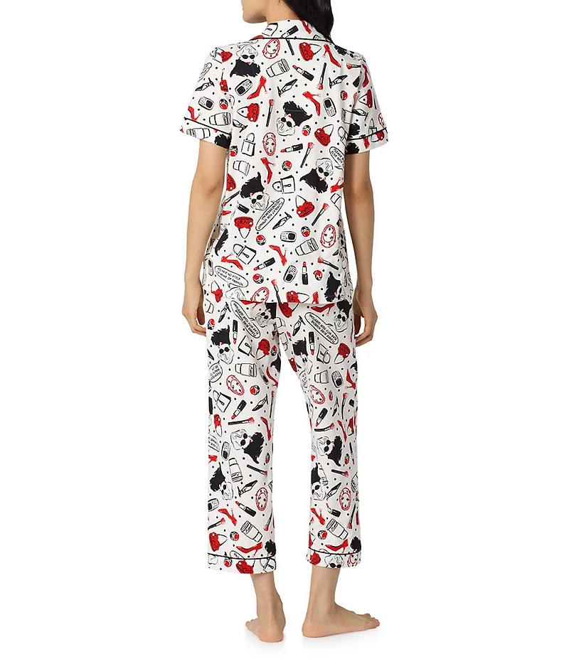 BedHead Devil Wears Prada Print Short Sleeve Notch Collar Classic Organic Cotton Stretch Jersey Knit Cropped Pajama Set