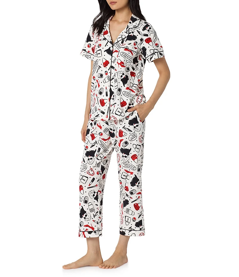 BedHead Devil Wears Prada Print Short Sleeve Notch Collar Classic Organic Cotton Stretch Jersey Knit Cropped Pajama Set