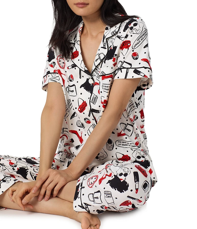 BedHead Devil Wears Prada Print Short Sleeve Notch Collar Classic Organic Cotton Stretch Jersey Knit Cropped Pajama Set