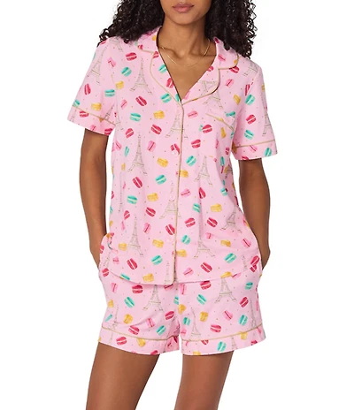 BedHead Eiffel For You Print Organic Cotton Blend Short Sleeve Notch Collar Knit Shorty Pajama Set