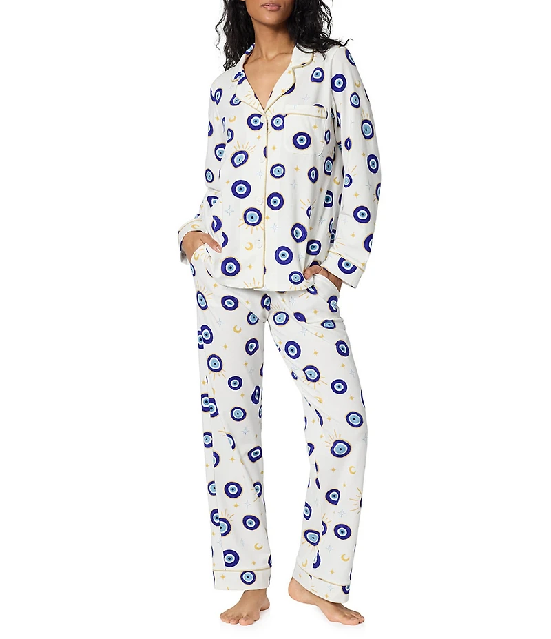 Bedhead Eyeconic Print Organic Cotton Jersey Knit Long Sleeve Notch Collar Long Pajama Set