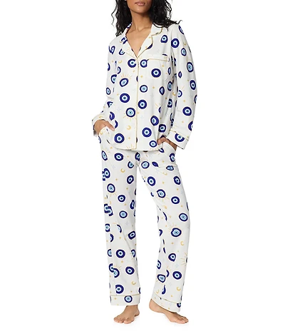 Bedhead Eyeconic Print Organic Cotton Jersey Knit Long Sleeve Notch Collar Long Pajama Set