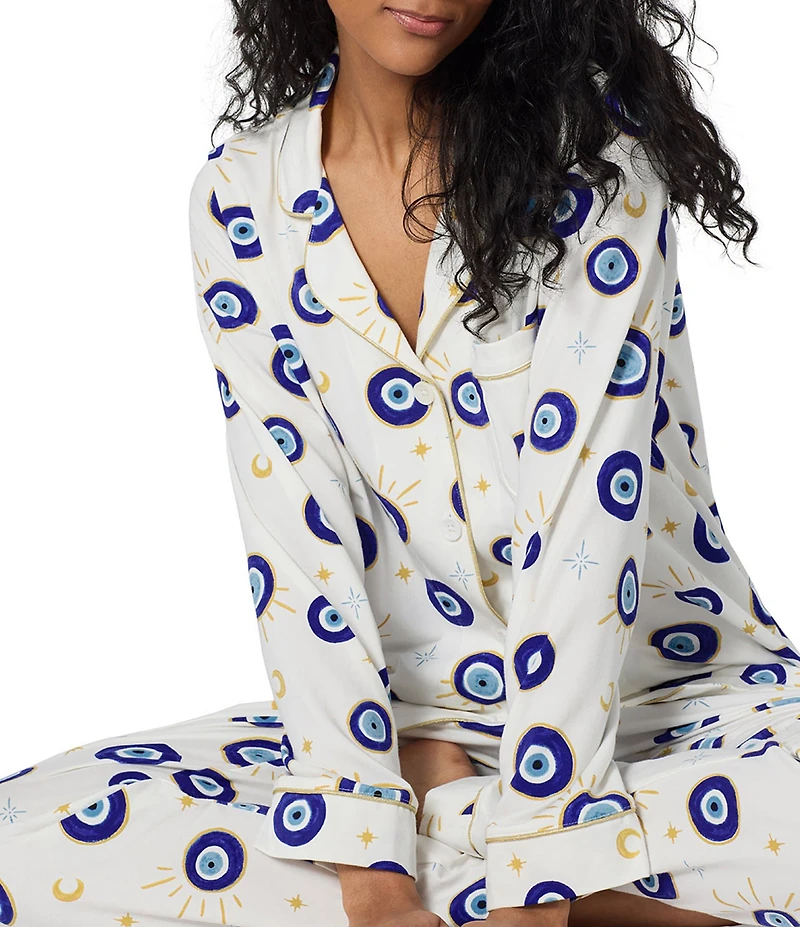 Bedhead Eyeconic Print Organic Cotton Jersey Knit Long Sleeve Notch Collar Long Pajama Set