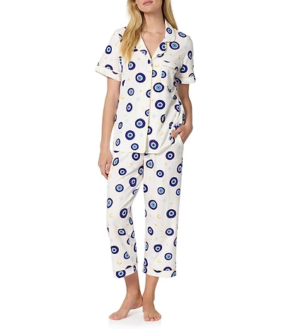 BedHead Eyeconic Print Short Sleeve Notch Collar Jersey Knit Organic Cotton Cropped Pajama Set