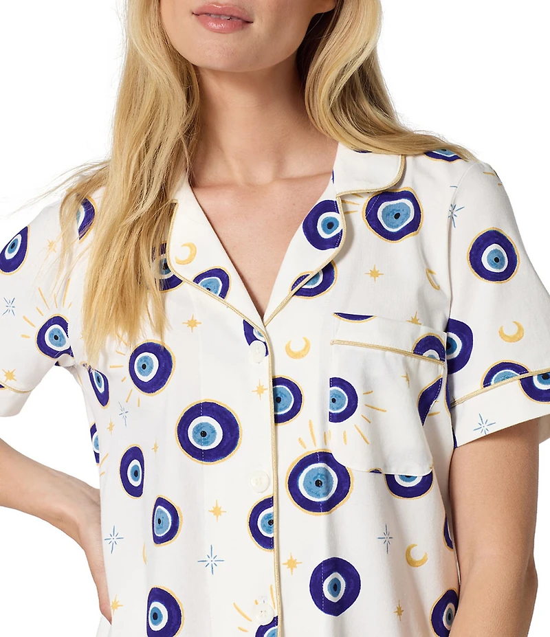 BedHead Eyeconic Print Short Sleeve Notch Collar Jersey Knit Organic Cotton Cropped Pajama Set
