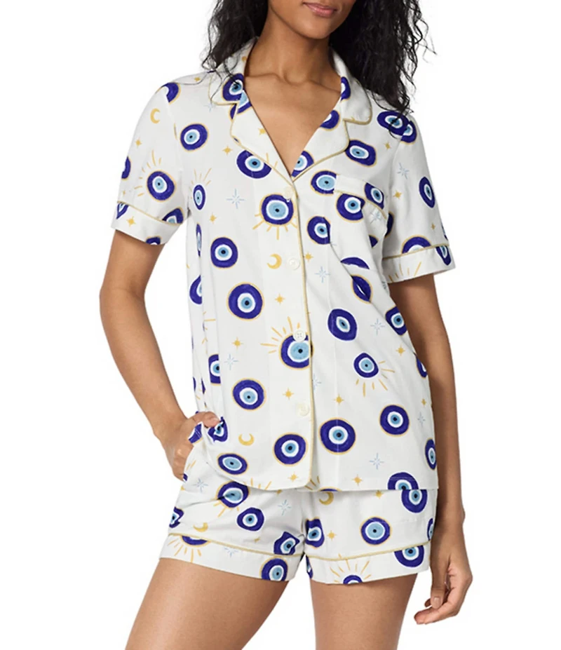 BedHead Eyeconic Print Short Sleeve Notch Collar Jersey Knit Organic Cotton Shorty Pajama Set
