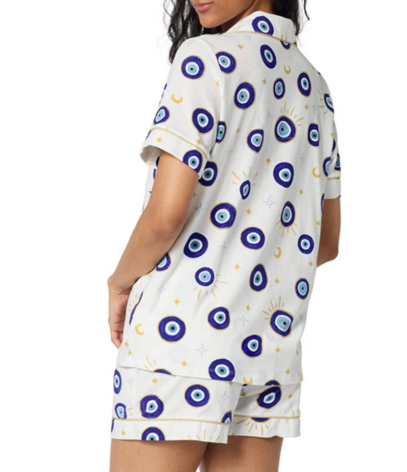 BedHead Eyeconic Print Short Sleeve Notch Collar Jersey Knit Organic Cotton Shorty Pajama Set