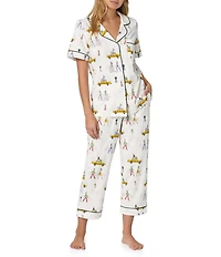 BedHead Fashion Week Print Short Sleeve Notch Collar Organic Cotton Jersey Knit Cropped Pajama Set